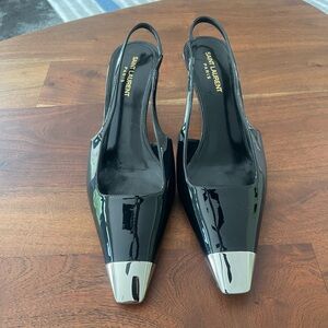 Gorgeous Saint Laurent Black Patent Slingback Heels with Silver Cap Toe